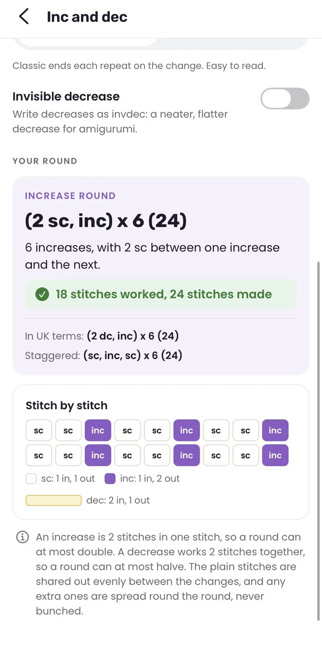 The increase and decrease calculator, stitch by stitch