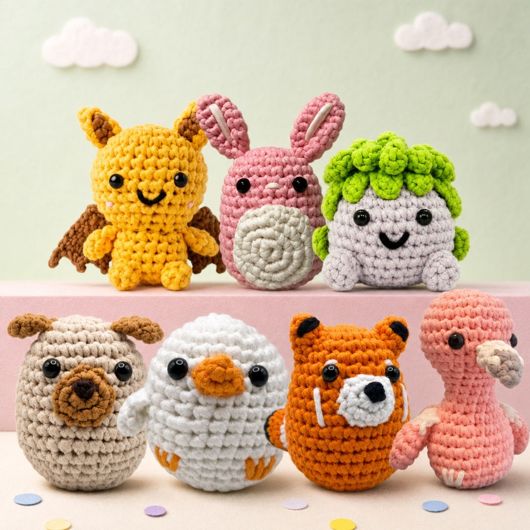 A group of crocheted amigurumi characters, the Yon crew, sitting together