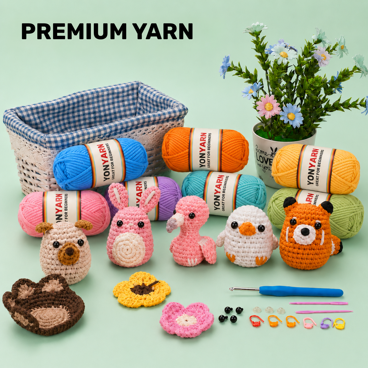 A basket of Yon Yarn in soft colours beside finished amigurumi characters