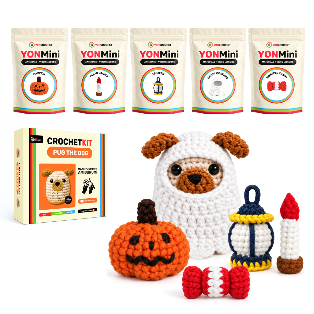 Pug Halloween Bundle - Beginner Crochet Kit + Ghost Walk Set | Yon Crochet