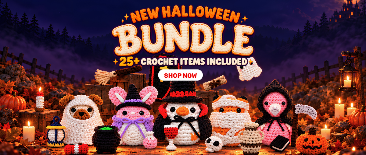 New Halloween bundle: 25+ crochet items included. Pug, Linda, Chuck, Spadina and Tango in costume.