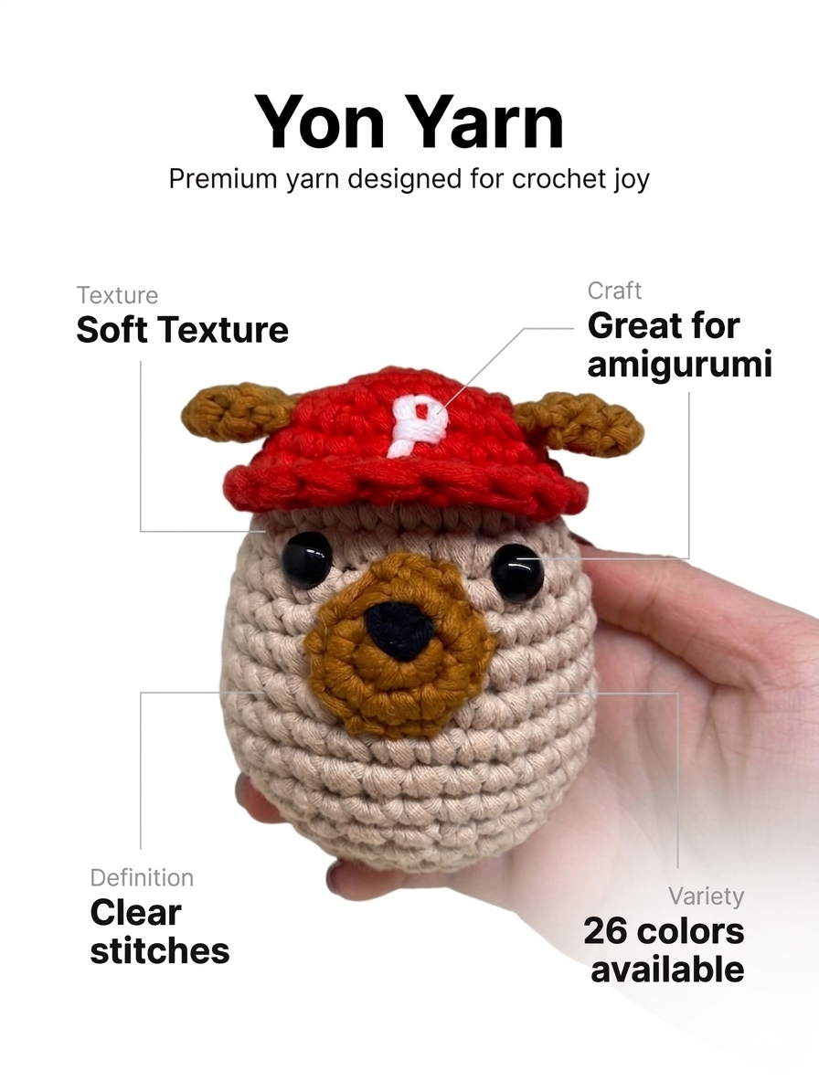 Yon Crochet Pug the Dog. Crocheted animal toy with a red cap held by a hand, featuring Yon Yarn branding and product features.