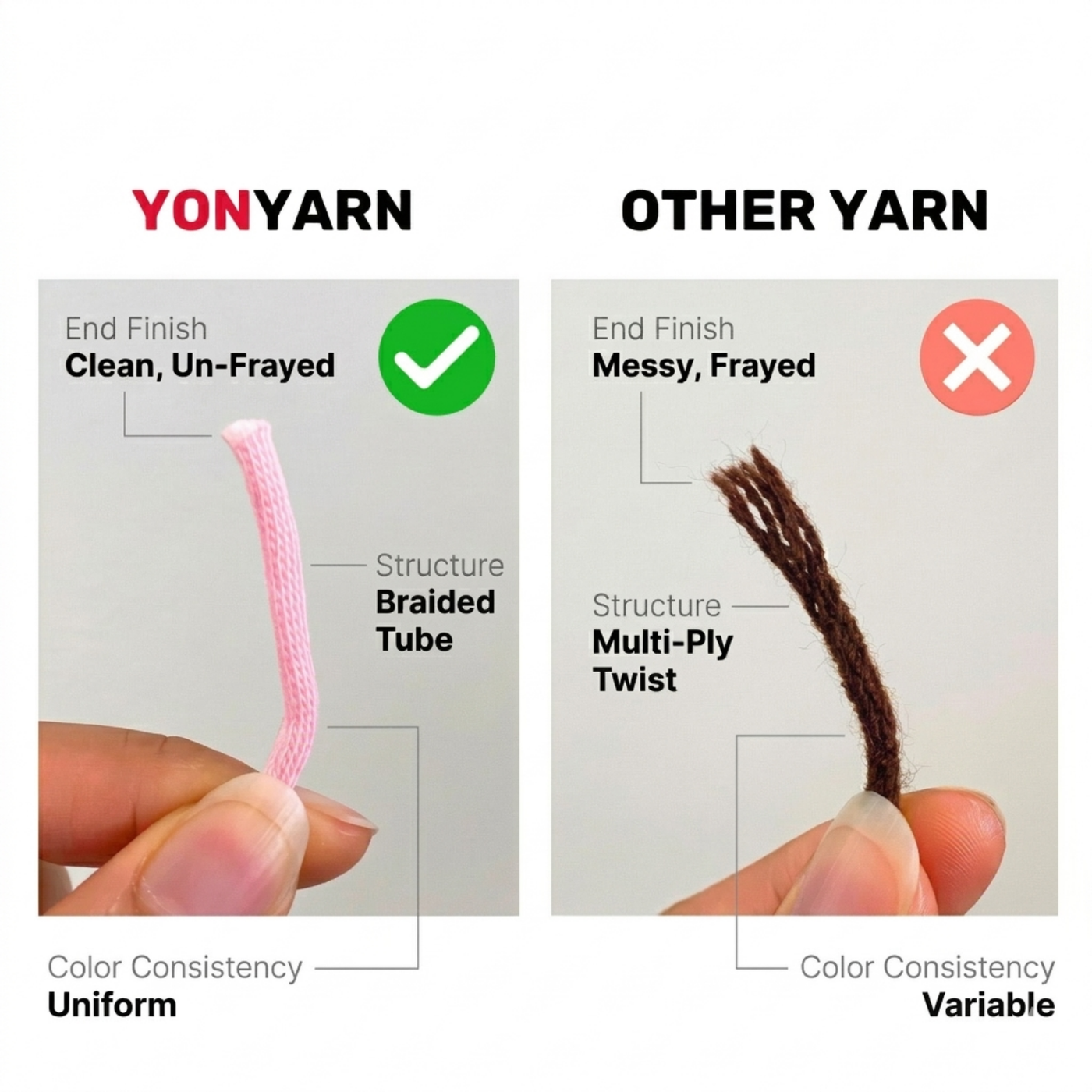 Comparison of YON YARN and other yarn on a white background. Yon Crochet Pug the Dog