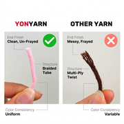 Comparison of YON YARN and other yarn on a white background. Yon Crochet Pug the Dog