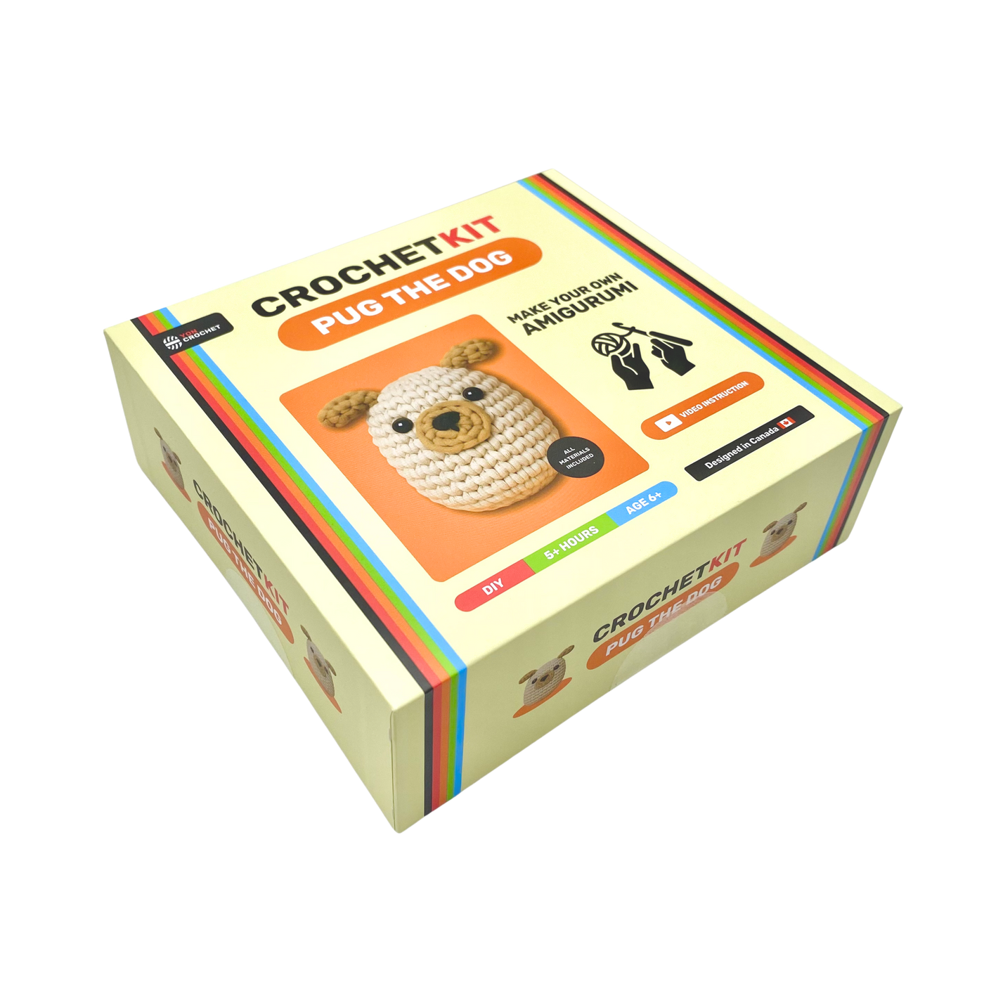 Crochet kit packaging for 'Pug the Dog' on a white background