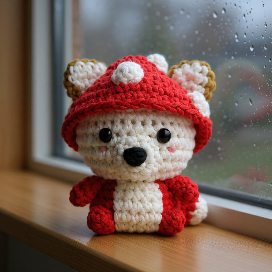 Button the Mushroom crochet plush on a wooden windowsill beside a rain-speckled window