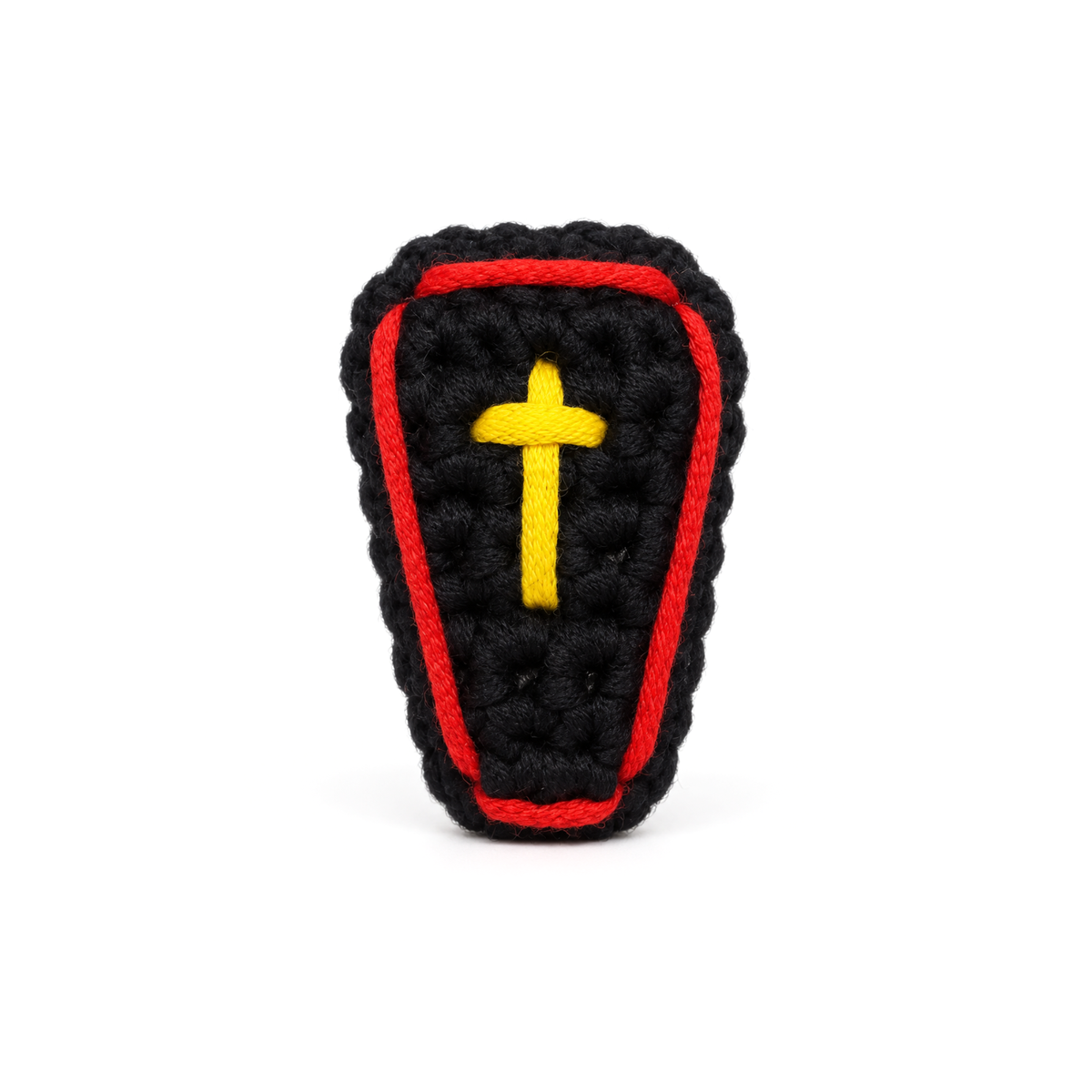 Black crochet coffin with a red border and a gold cross