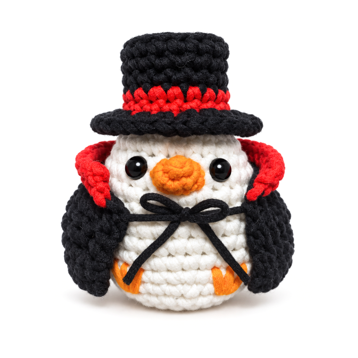 Chuck the Duck wearing the crochet top hat and vampire cape