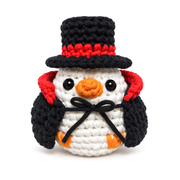 Chuck the Duck wearing the crochet top hat and vampire cape