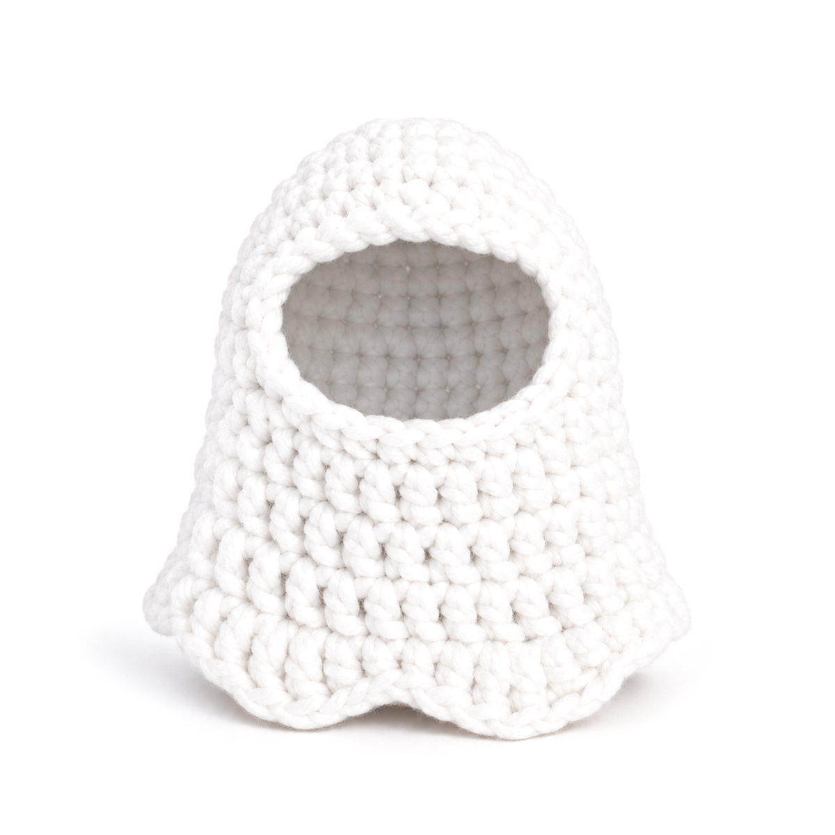 White crochet ghost cloak with a scalloped hem