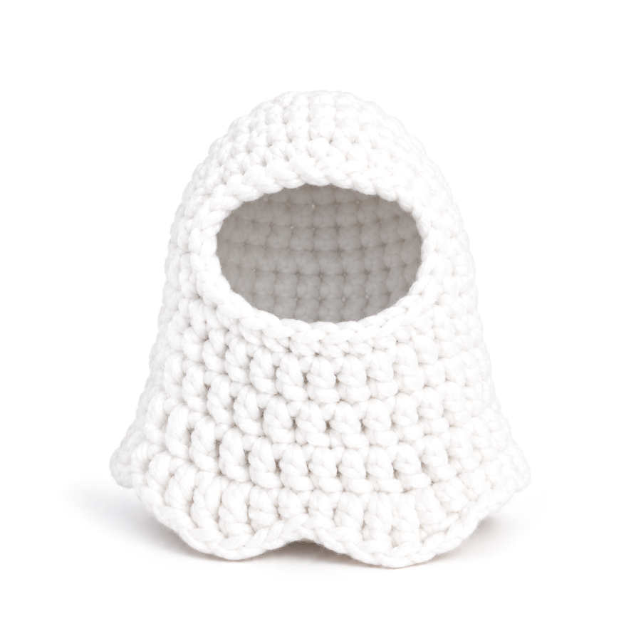 White crochet ghost cloak with a scalloped hem
