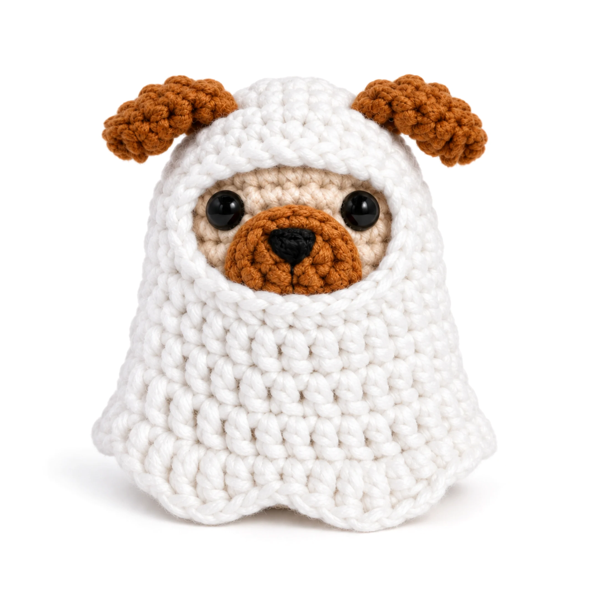 Pug the Dog wearing the crochet ghost cloak