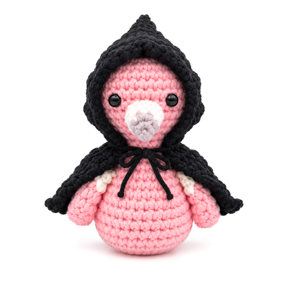 Tango the Flamingo wearing the crochet reaper cloak