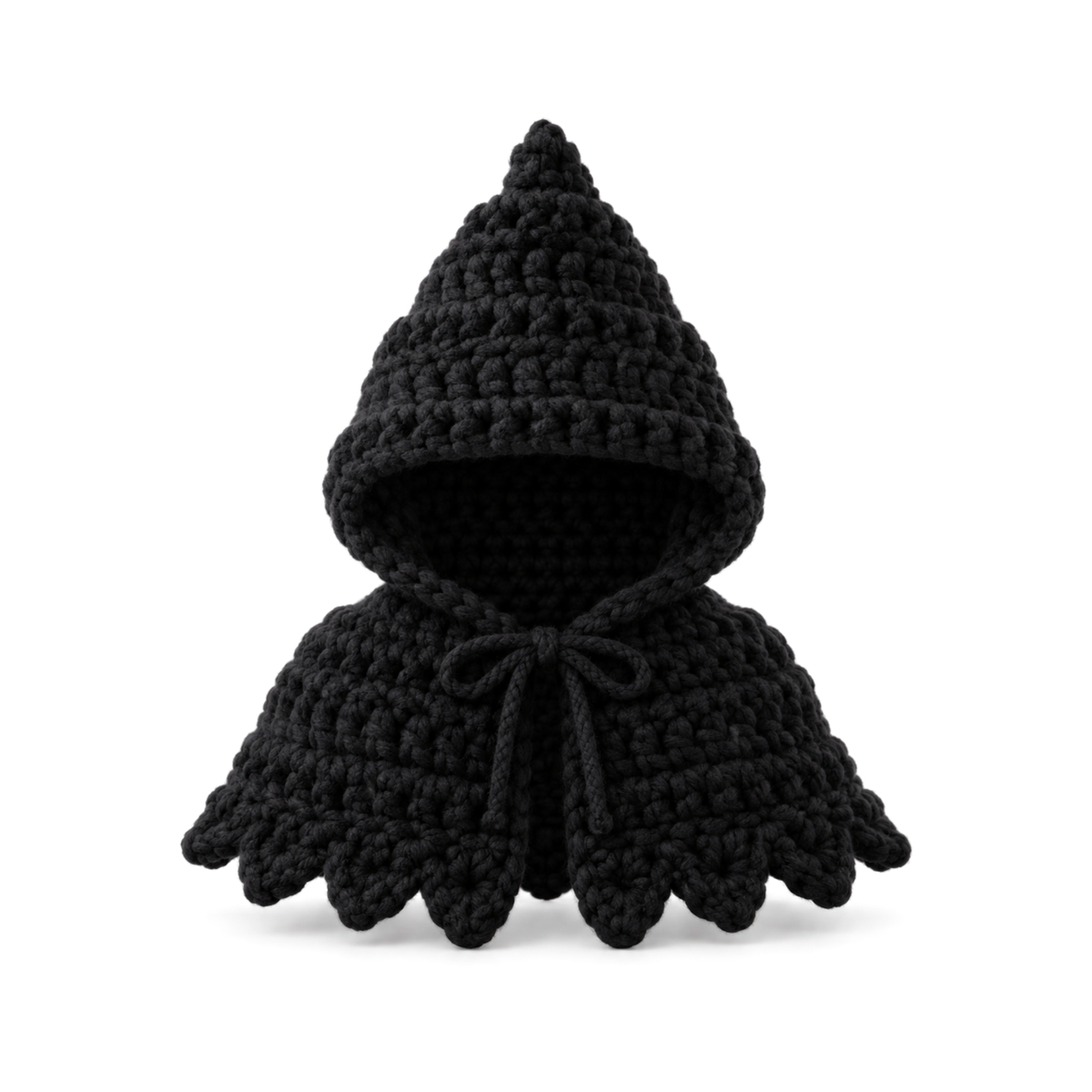 Black crochet hooded reaper cloak with a scalloped hem