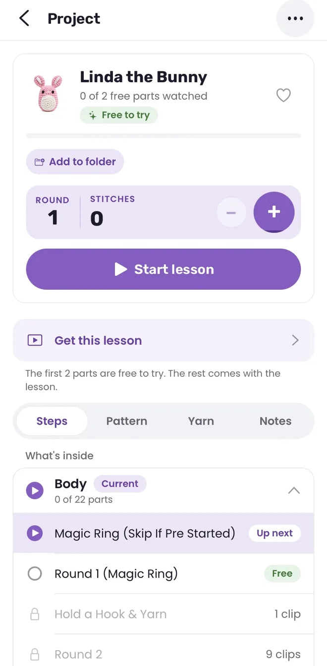 A lesson project with its steps and round counter